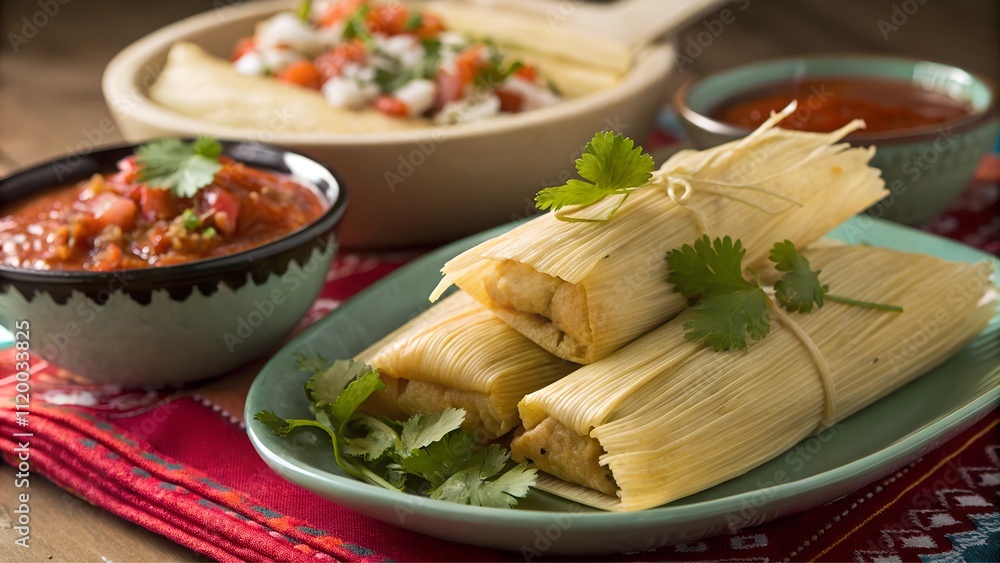 Traditional tamales with corn husks, garnished with cilantro and served with sides Traditional tamales with corn husks, garnished with cilantro and served with sides