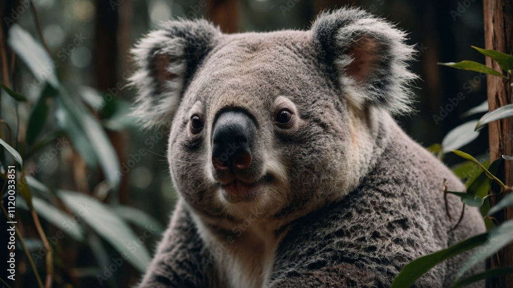 Fototapeta premium cute fluffy fat koala. big size and cute, forest background. Generative AI.
