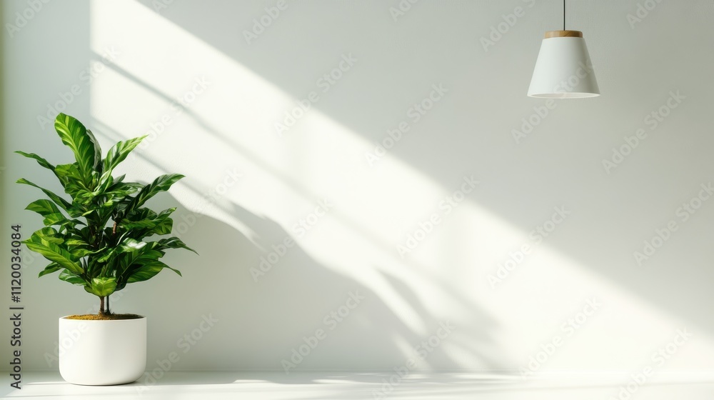 Sunlight casts sharp shadows in a minimalist room featuring a lush potted plant, white walls, and a sleek contemporary light fixture, creating a modern aesthetic.