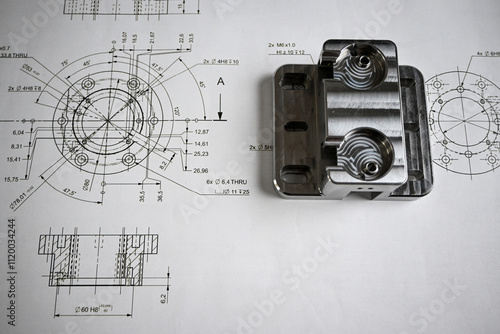 Fotografie Precision-machined metal component lying on its technical drawing, showcasing ac