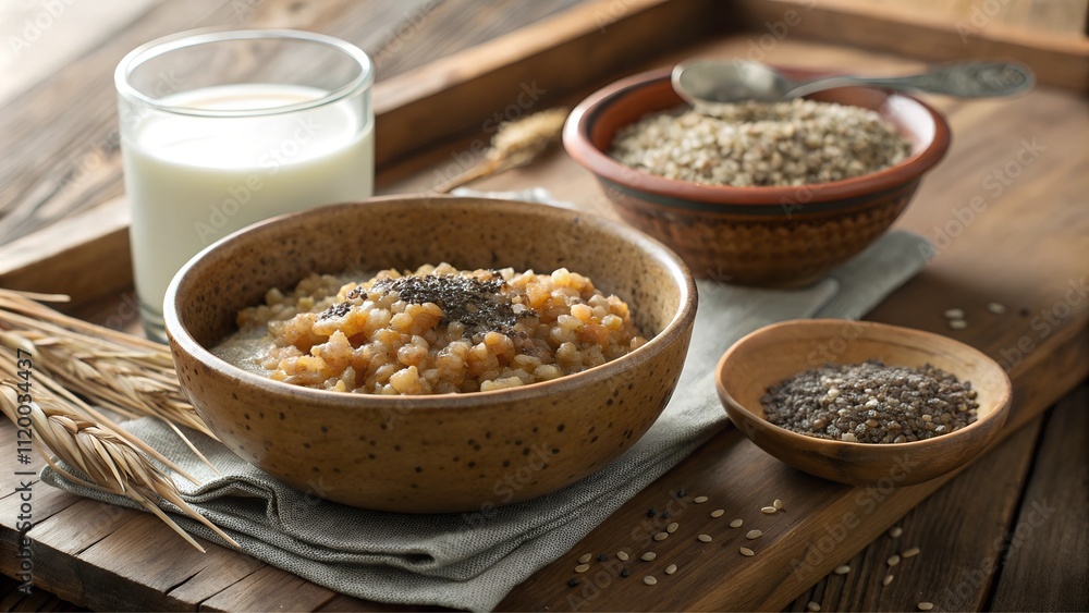 Spelt porridge with chia seeds and milk served on a wooden tray Spelt porridge with chia seeds and milk served on a wooden tray