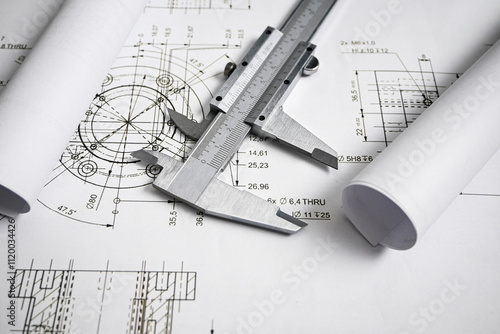 Caliper rests on rolled blueprints, highlighting the importance of precise measurements in engineering and design