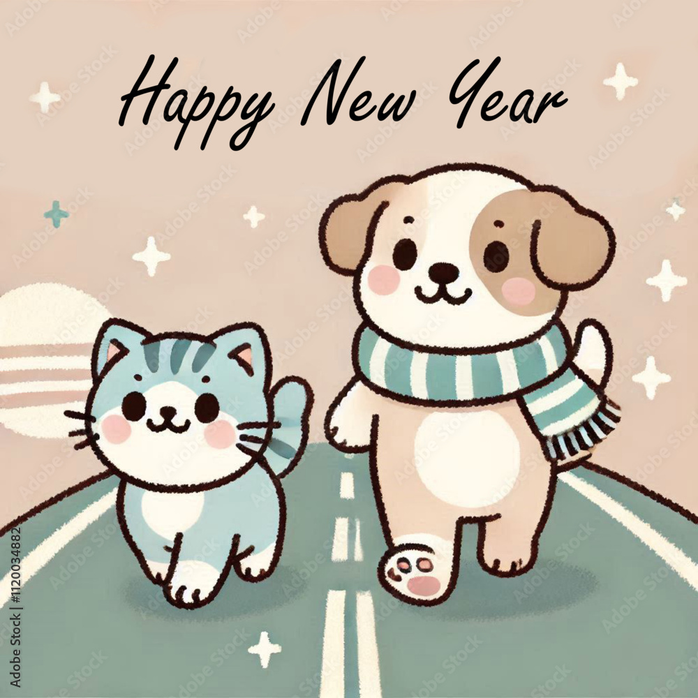 Obraz premium A simple folk style illustration of a cute puppy and kitten walking along a road, passing a 2024 board and heading toward a 2025 board, symbolizing a joyful journey into the new year.