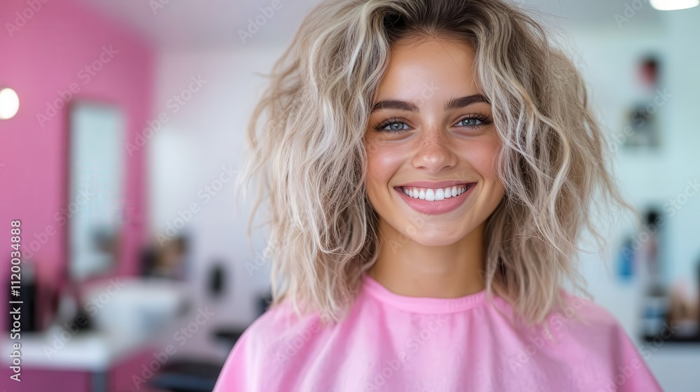 Fototapeta premium A woman with light curly hair stands happily in a bright hair salon, wearing a pink cover. Her expression shows contentment with her newly styled look.