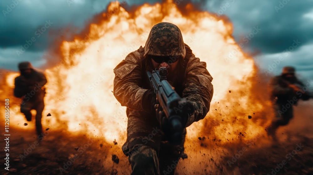 A hooded soldier presses forward with determination, weapon in hand, as an explosion erupts, capturing the essence of raw courage and perseverance. A hooded soldier presses forward with determination, weapon in hand, as an explosion erupts, capturing the essence of raw courage and perseverance.