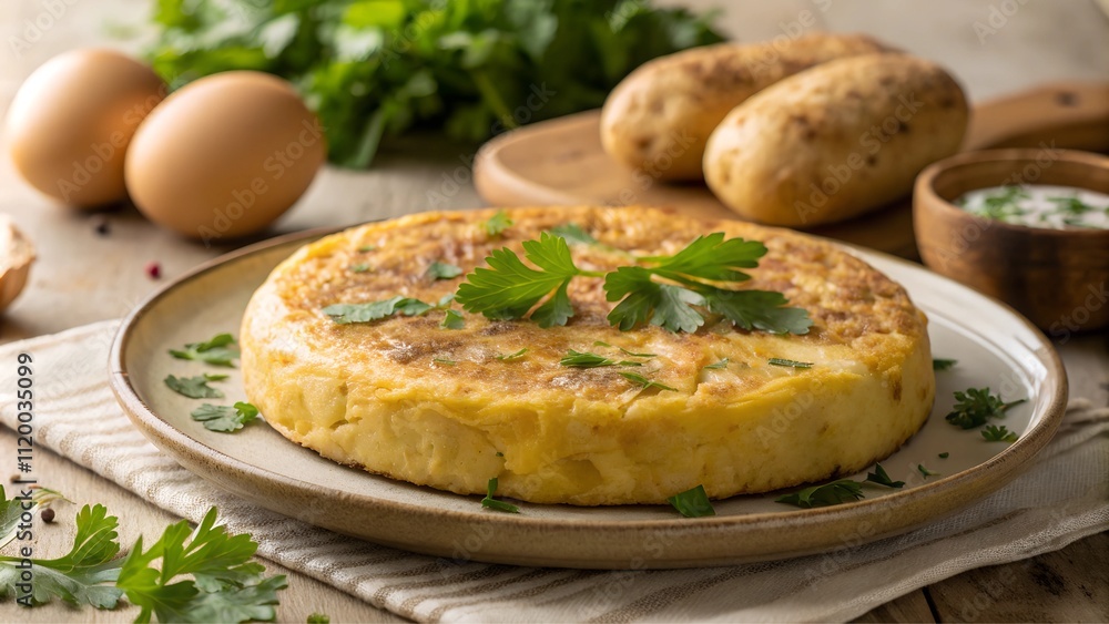 Classic Spanish tortilla garnished with parsley on a plate with rustic decor Classic Spanish tortilla garnished with parsley on a plate with rustic decor