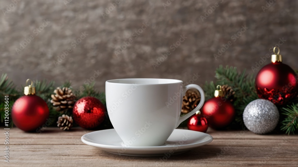 White cup mockup with christmas ornaments and pinecones on wooden table White cup mockup with christmas ornaments and pinecones on wooden table