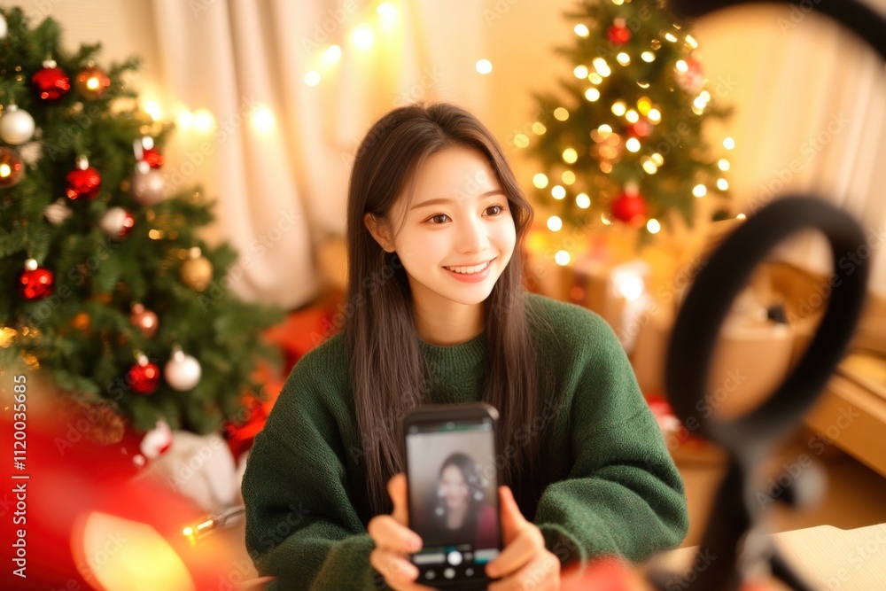 Generative AI Live Streaming Christmas Shopping Event with Young Asian Influencer Technology Gifts Generative AI Live Streaming Christmas Shopping Event with Young Asian Influencer Technology Gifts