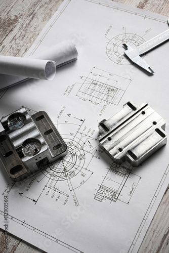 Metal machined parts lying on a technical drawing with a caliper, showcasing precision engineering and manufacturing