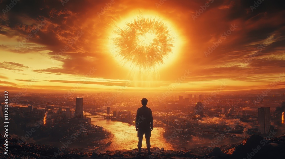 Fototapeta premium Apocalyptic Cityscape Man Watching Fiery Celestial Event