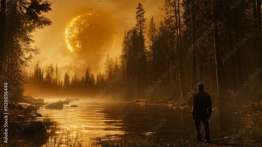 Golden Hour Lake Man Silhouetted Giant Sun Forest Mystical Scene Golden Hour Lake Man Silhouetted Giant Sun Forest Mystical Scene