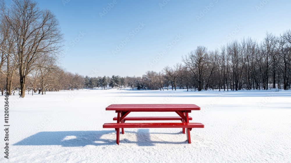 Bright red picnic table standing in snowy park during winter Bright red picnic table standing in snowy park during winter