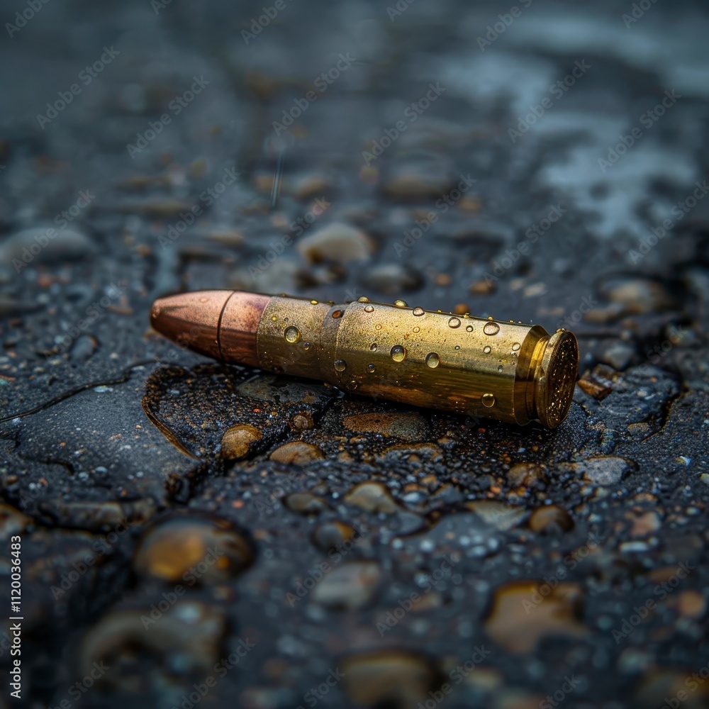 Obraz premium Wet Bullet on Dark Ground Rain Closeup Macro Ammo Cartridge Weapon Firearm Danger Crime War