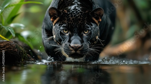 A powerful black jaguar moves silently through a lush jungle, its intense gaze fixed forward, perfectly embodying stealth and nature’s untamed elegance. photo