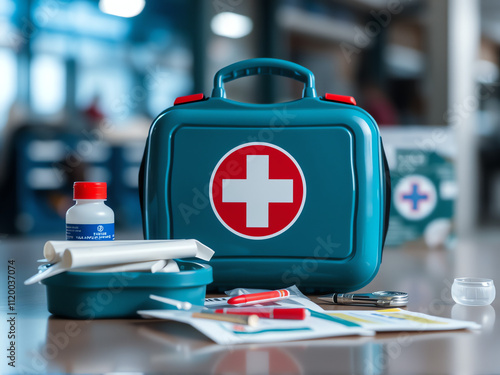 First aid kit placed on a table, showcasing essential medical supplies for emergency situations.