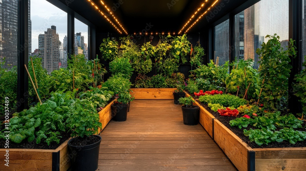 Urban rooftop garden with compost bins and recycling stations city view sustainable living environment green concept Urban rooftop garden with compost bins and recycling stations city view sustainable living environment green concept