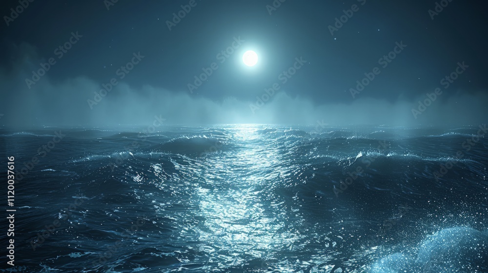 Mysterious night waves open ocean scenic landscape serene environment wide angle nature's beauty unveiled under moonlight Mysterious night waves open ocean scenic landscape serene environment wide angle nature's beauty unveiled under moonlight
