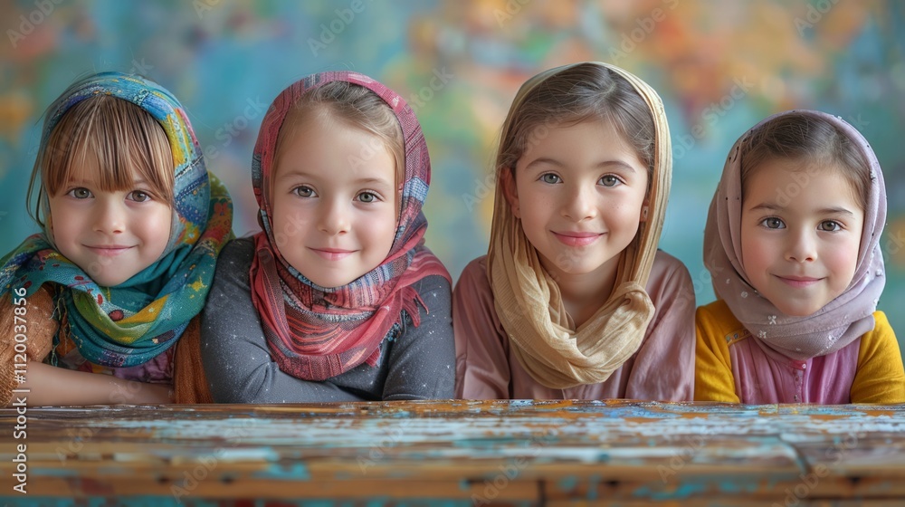 Cultural celebration of young girls in colorful scarves community center portrait indoor eye-level tradition and identity Cultural celebration of young girls in colorful scarves community center portrait indoor eye-level tradition and identity
