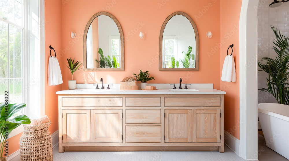 Modern bathroom with a double vanity against a coral-painted wall. Modern bathroom with a double vanity against a coral-painted wall.