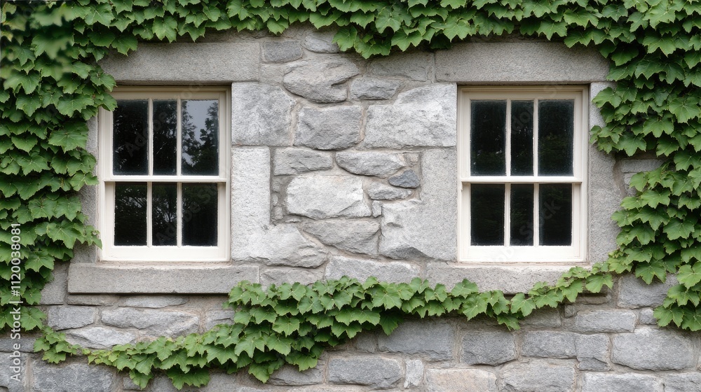 Three wooden framed windows are seen against a textured stone wall covered with lush green ivy, creating a serene and natural aesthetic in a quiet environment. Three wooden framed windows are seen against a textured stone wall covered with lush green ivy, creating a serene and natural aesthetic in a quiet environment.