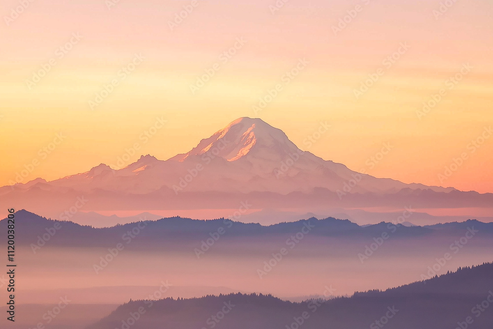 Mountain peak covered in snow illuminated by a warm sunrise, surrounded by layers of misty hills. Mountain peak covered in snow illuminated by a warm sunrise, surrounded by layers of misty hills.