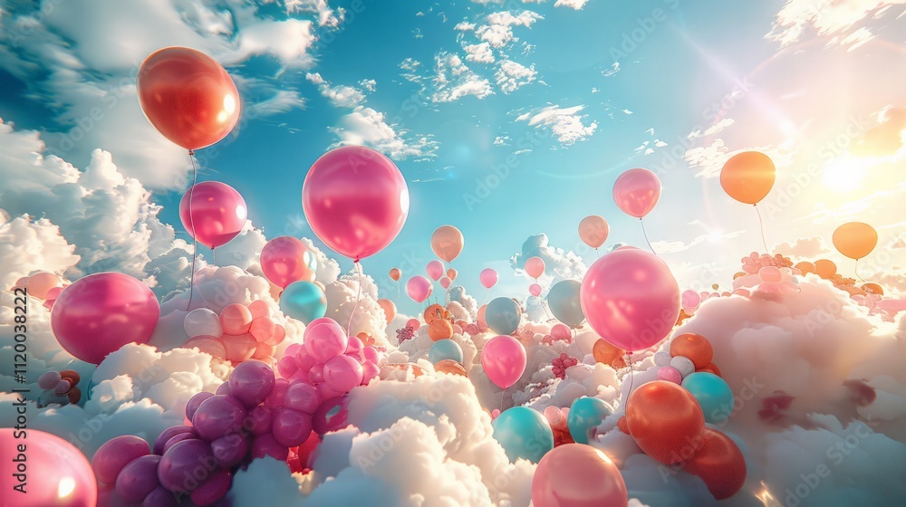 Colorful balloons floating among clouds dreamy sky photography serene atmosphere aerial view whimsical celebration Colorful balloons floating among clouds dreamy sky photography serene atmosphere aerial view whimsical celebration