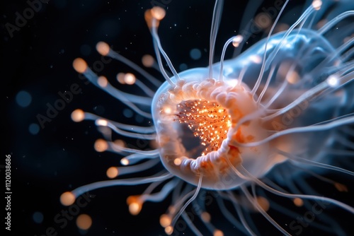 An artistic close-up of a jellyfish, illuminating the dark waters with its ethereal glow. This image captures the beauty of marine life and its captivating underwater motion.