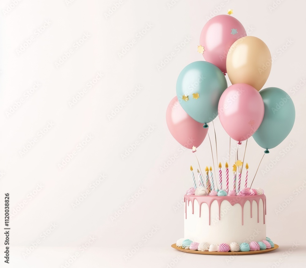3D Realistic Birthday Balloons and Cake on White Background. Soft Pastel Colors, Isolated with Gentle Lighting. 3D Realistic Birthday Balloons and Cake on White Background. Soft Pastel Colors, Isolated with Gentle Lighting.