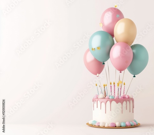 3D Realistic Birthday Balloons and Cake on White Background. Soft Pastel Colors, Isolated with Gentle Lighting.