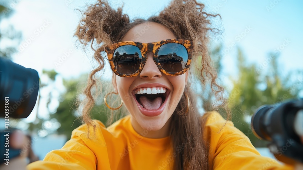 A woman in a bright yellow outfit and stylish sunglasses is laughing joyfully as she takes a selfie with professional cameras set in a sunny outdoor environment. A woman in a bright yellow outfit and stylish sunglasses is laughing joyfully as she takes a selfie with professional cameras set in a sunny outdoor environment.
