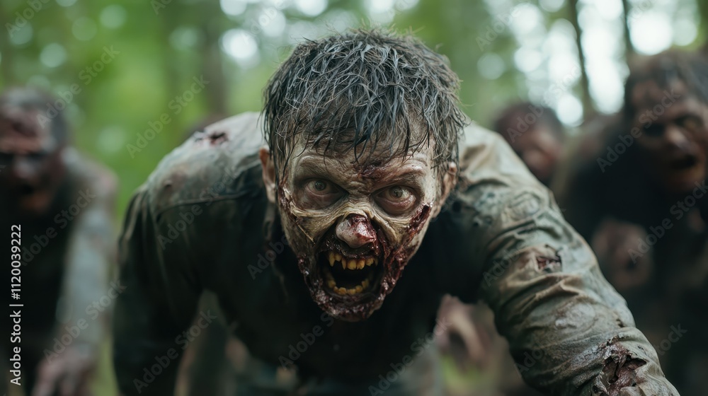A terrifying zombie with decaying features lunges forward, showcasing menacing teeth and tattered clothing in a dimly lit, densely wooded forest area. A terrifying zombie with decaying features lunges forward, showcasing menacing teeth and tattered clothing in a dimly lit, densely wooded forest area.