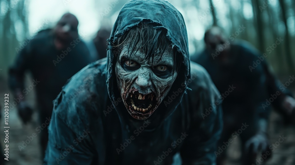 A hooded zombie emerges ominously from a misty and dark forest setting, showcasing a decayed and horrifying appearance. The scene exudes fear and terror effectively. A hooded zombie emerges ominously from a misty and dark forest setting, showcasing a decayed and horrifying appearance. The scene exudes fear and terror effectively.
