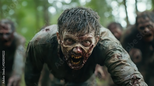 A terrifying zombie with decaying features lunges forward, showcasing menacing teeth and tattered clothing in a dimly lit, densely wooded forest area.