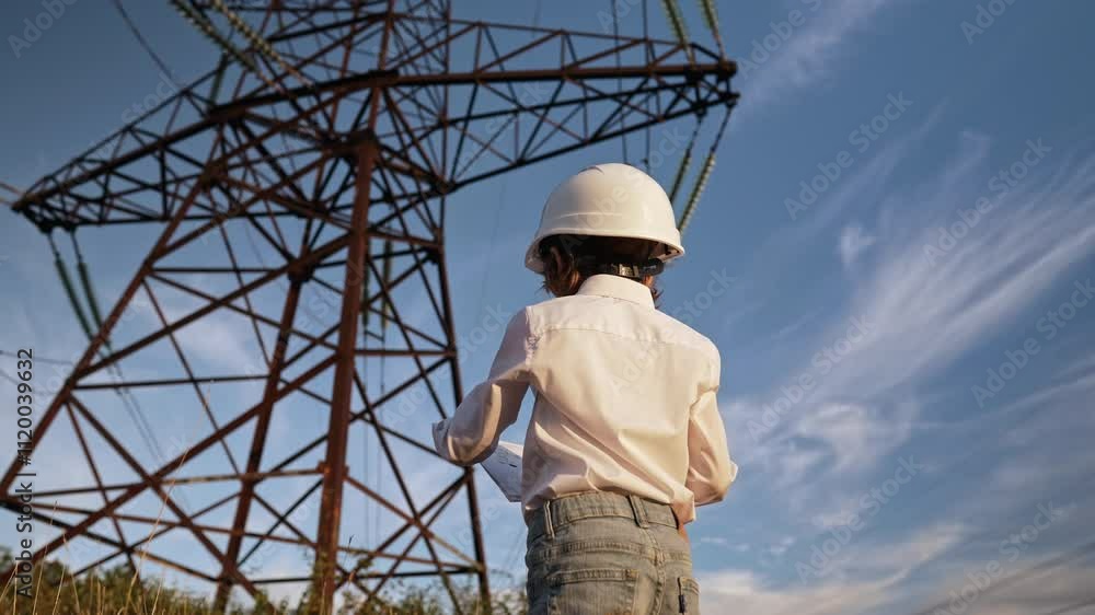 Little boy acting role of engineer or manager with safety helmet. Occupation in electrical industry, serious smart child reading documents on electric voltage towers background Little boy acting role of engineer or manager with safety helmet. Occupation in electrical industry, serious smart child reading documents on electric voltage towers background