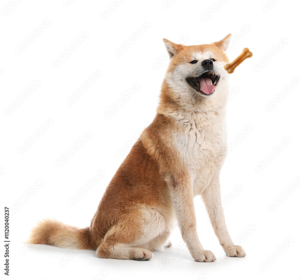 Cute dog and flying chew bone on white background. Pet care Cute dog and flying chew bone on white background. Pet care