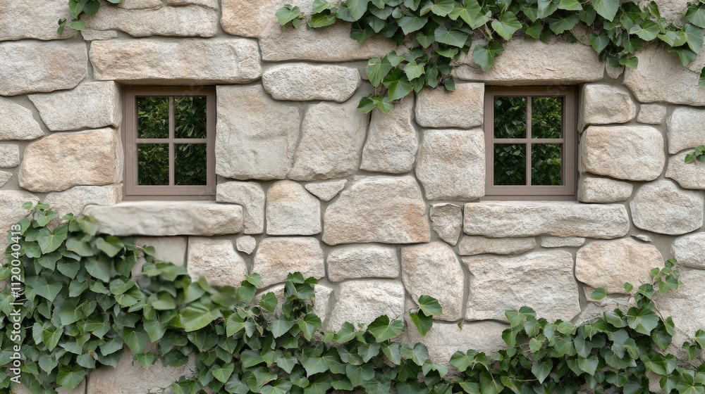 Three wooden framed windows are seen against a textured stone wall covered with lush green ivy, creating a serene and natural aesthetic in a quiet environment Three wooden framed windows are seen against a textured stone wall covered with lush green ivy, creating a serene and natural aesthetic in a quiet environment