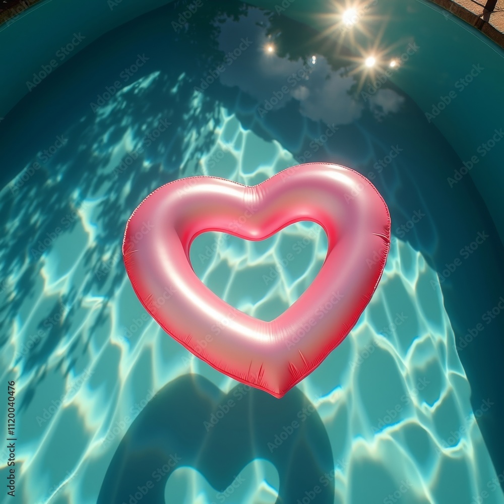 Valentine's Day pool float. Pink heart-shaped inflatable float in a turquoise pool on a sunny day.