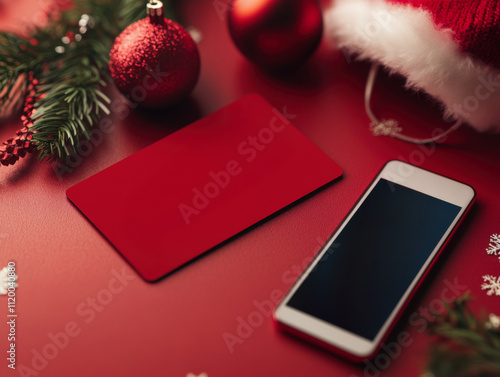 vibrant red gift card and smartphone on festive red background, surrounded by Christmas ornaments and Santa hat, creating cheerful holiday atmosphere
