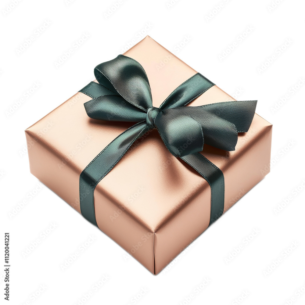 Elegant Rose Gold Gift Box Wrapped with Dark Green Satin Ribbon Perfect for Special Occasions and Celebrations, Radiating Luxury and Style Elegant Rose Gold Gift Box Wrapped with Dark Green Satin Ribbon Perfect for Special Occasions and Celebrations, Radiating Luxury and Style