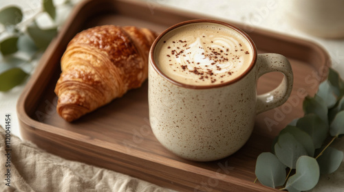 cozy close up of frothy latte in speckled mug, paired with flaky croissant on wooden tray, creating warm and inviting atmosphere