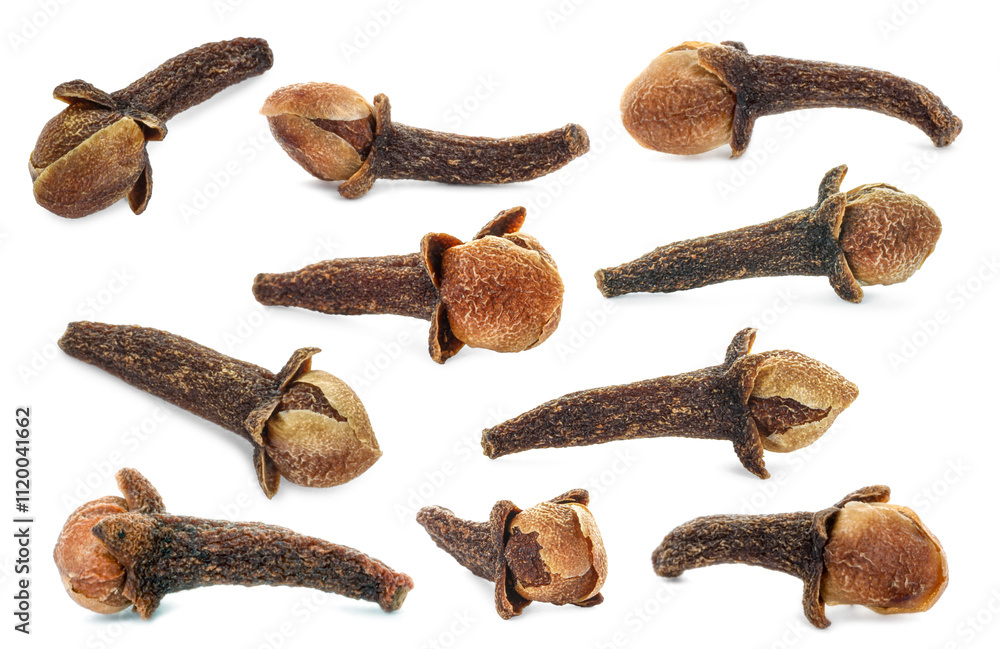 Fragrant clove buds isolated on white, set Fragrant clove buds isolated on white, set