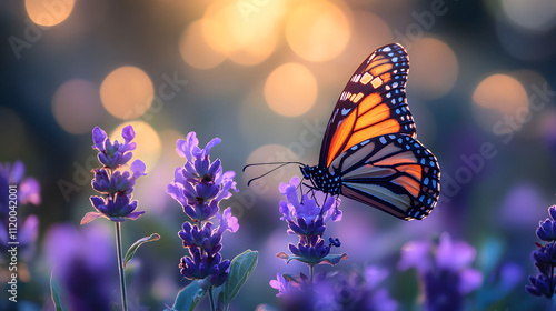 Wallpaper Mural A butterfly is flying over a field of purple flowers. The image has a serene and peaceful mood, as the butterfly is the only living creature in the scene. The purple flowers add a touch of color Torontodigital.ca
