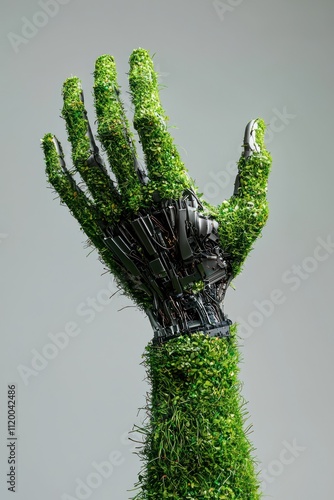 Conceptual design of green technology featuring a human arm covered with grass and a robotic hand.