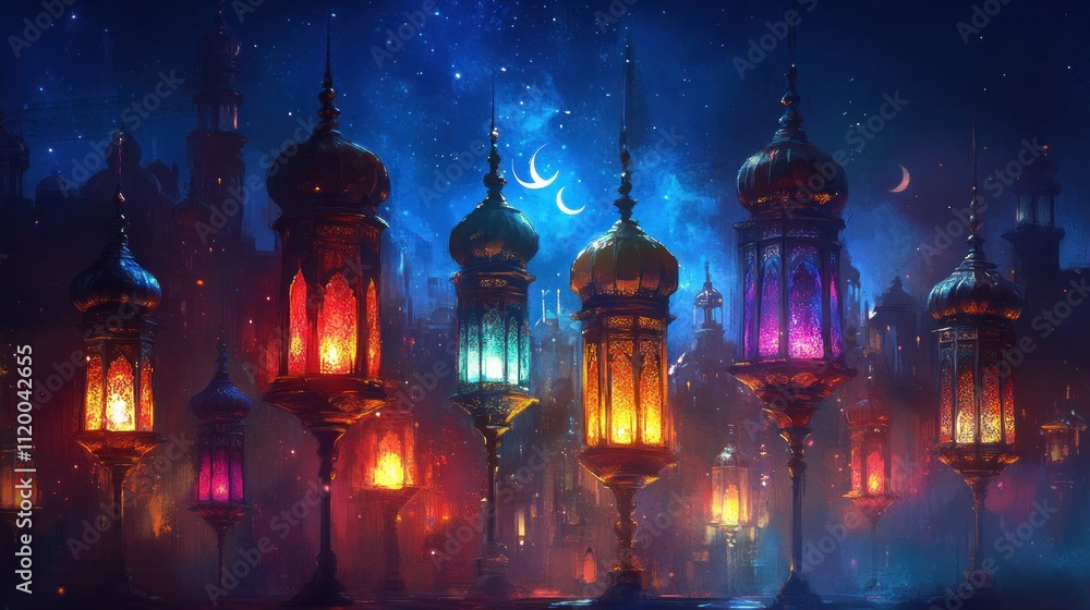 A row of colorful lanterns illuminate a magical cityscape at night. A row of colorful lanterns illuminate a magical cityscape at night.