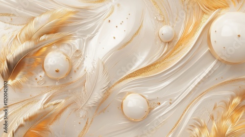 An illustration art décor wall art of golden feathers and beige marbles on a canvas of paint. Generative Ai