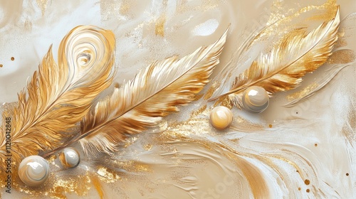 An illustration art décor wall art of golden feathers and beige marbles on a canvas of paint. Generative Ai