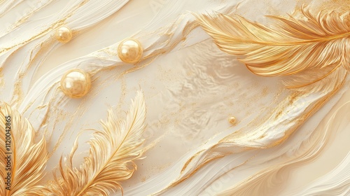 An illustration art décor wall art of golden feathers and beige marbles on a canvas of paint. Generative Ai