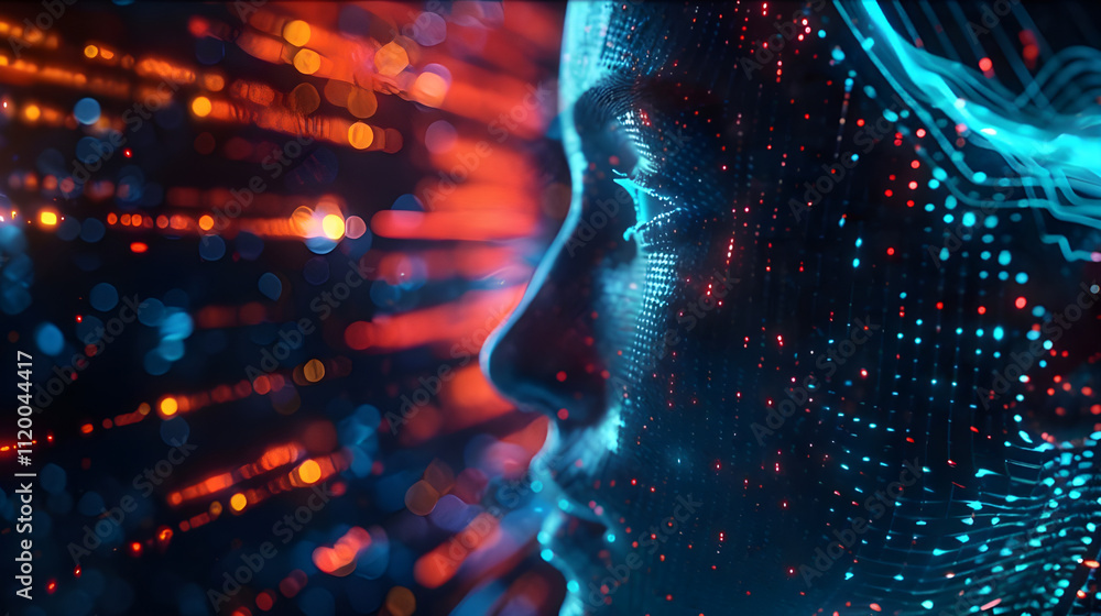 Abstract digital portrait of a woman's face, glowing with particles and lights. Abstract digital portrait of a woman's face, glowing with particles and lights.