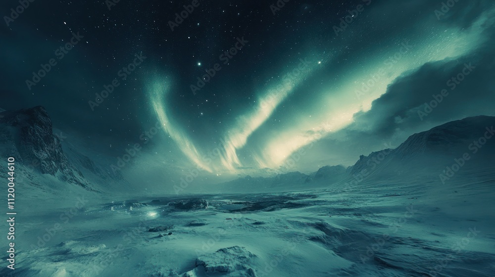 Naklejka premium A mesmerizing view of the aurora borealis dancing over a snowy landscape. The green and white lights illuminate the vast expanse of snow and ice, creating a breathtaking spectacle.