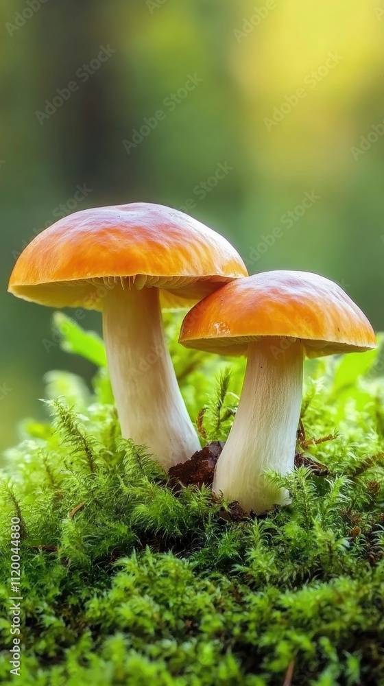 Two Orange Mushrooms Growing Among Green Moss Two Orange Mushrooms Growing Among Green Moss